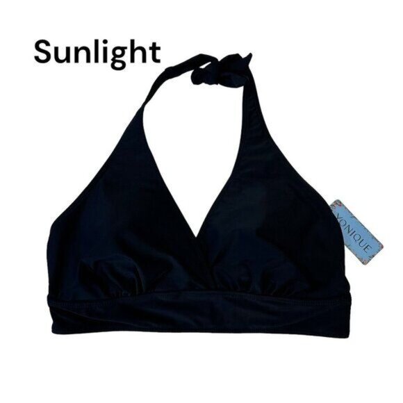 Yonique Women Black Lightly Padded Cup Bikini Top SZ 16W Halter Strap-Beach-Pool - Picture 1 of 6